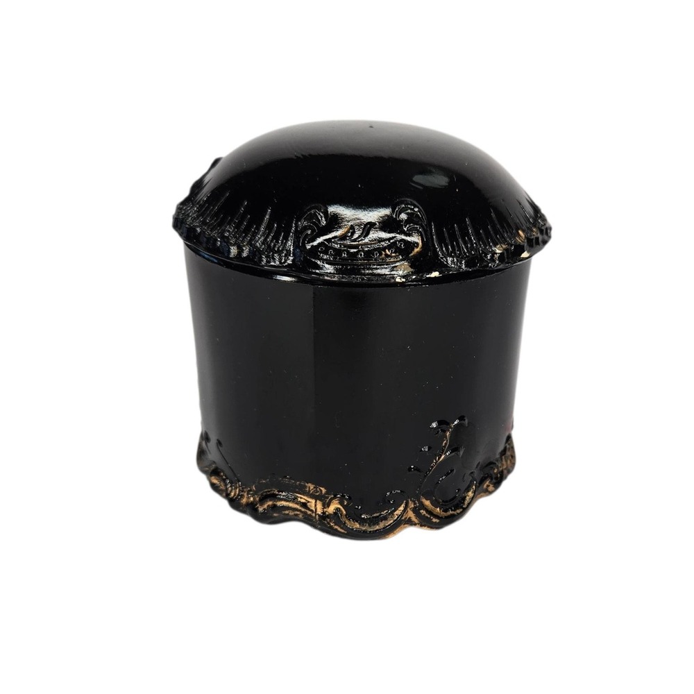 Antique Victorian Black Glass Vanity Powder Lidded Jar With Gold Trim Cottage